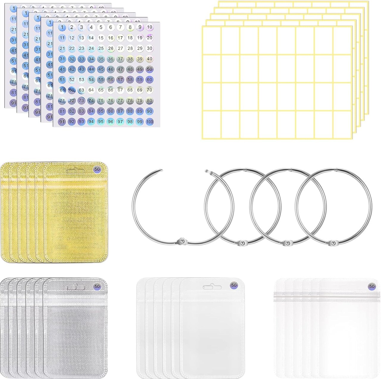 200 Pieces Diamond Painting Accessories Diamond Painting Tools Kit Storage Container Diamond Art Resealable Bags with 4 Round Binding Rings, 5 Sheets Number Stickers and 5 Sheets Sticker Label
